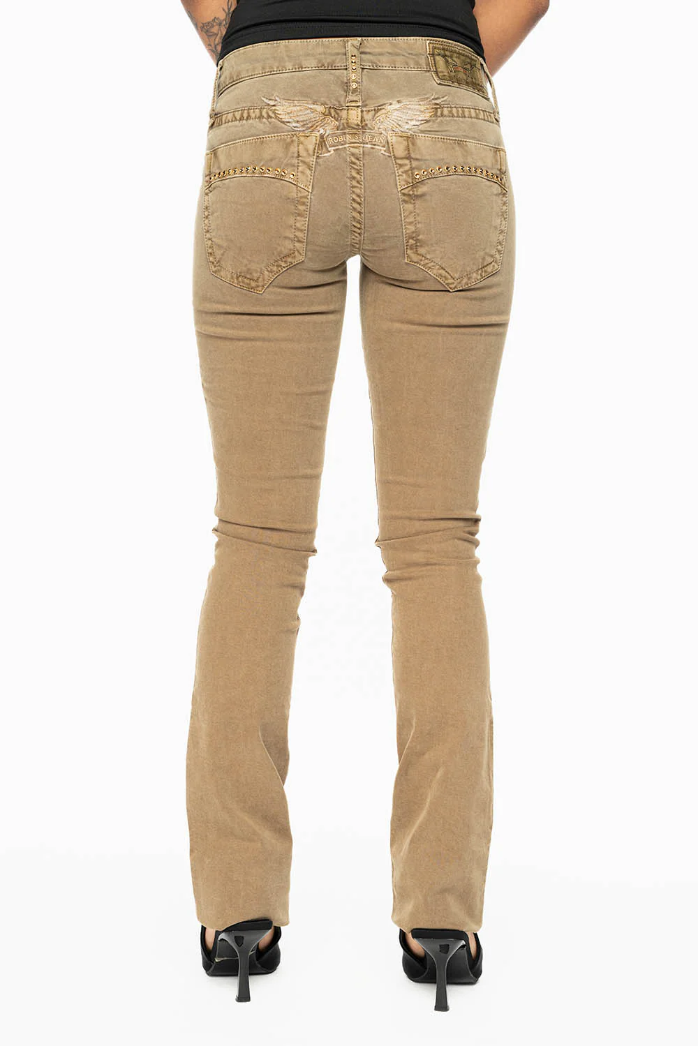 MARILYN LOW RISE WOMENS JEANS IN KANGAROO  WITH TONAL WINGS & SMOKY TOPAZ CRYSTALS - Image 3