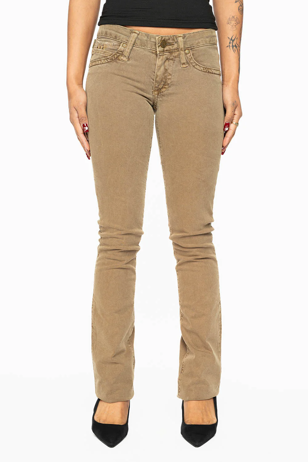 MARILYN LOW RISE WOMENS JEANS IN KANGAROO  WITH TONAL WINGS & SMOKY TOPAZ CRYSTALS - Image 4