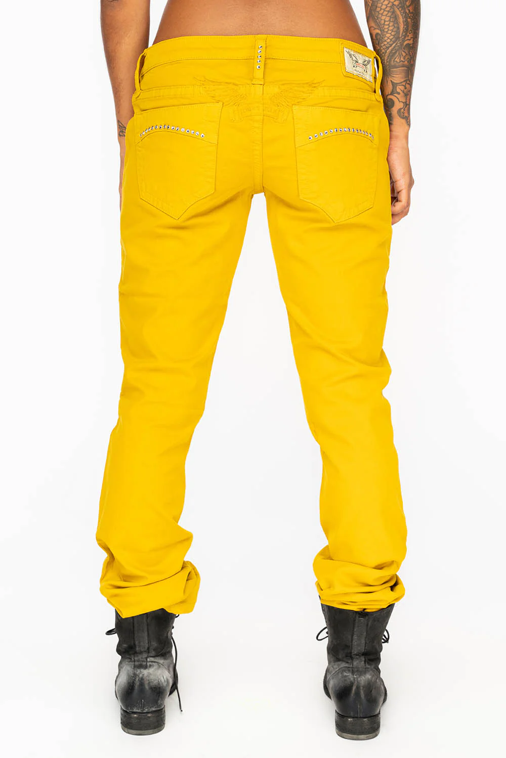 MARILYN LOW RISE WOMENS JEANS IN MUSTARD WITH TONAL WINGS & CLEAR CRYSTALS - Image 3