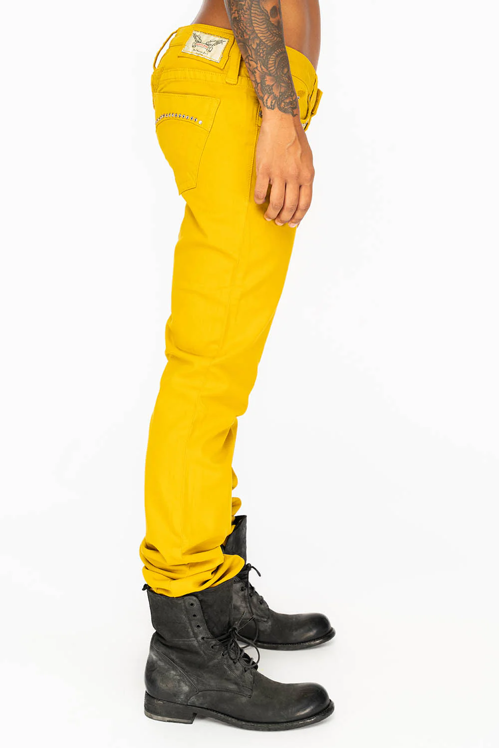 MARILYN LOW RISE WOMENS JEANS IN MUSTARD WITH TONAL WINGS & CLEAR CRYSTALS - Image 4
