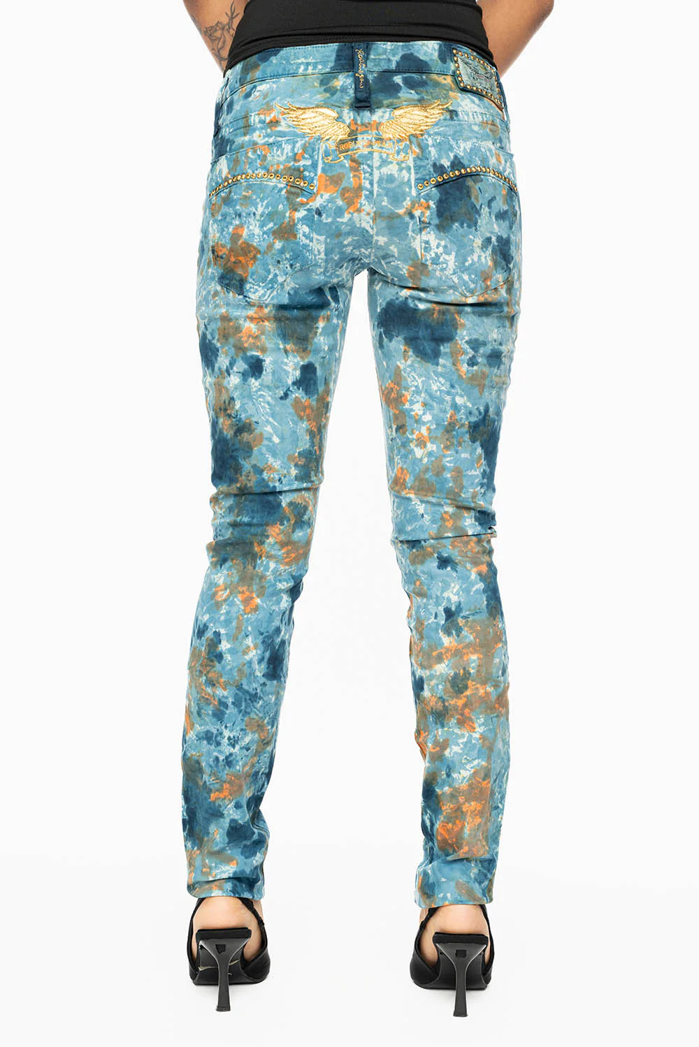 MARILYN LOW RISE WOMENS SKINNY JEANS IN  PAINT BLUE WASH WITH AURUM CRYSTALS - Image 4