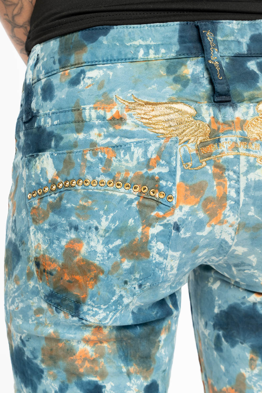 MARILYN LOW RISE WOMENS SKINNY JEANS IN  PAINT BLUE WASH WITH AURUM CRYSTALS - Image 5