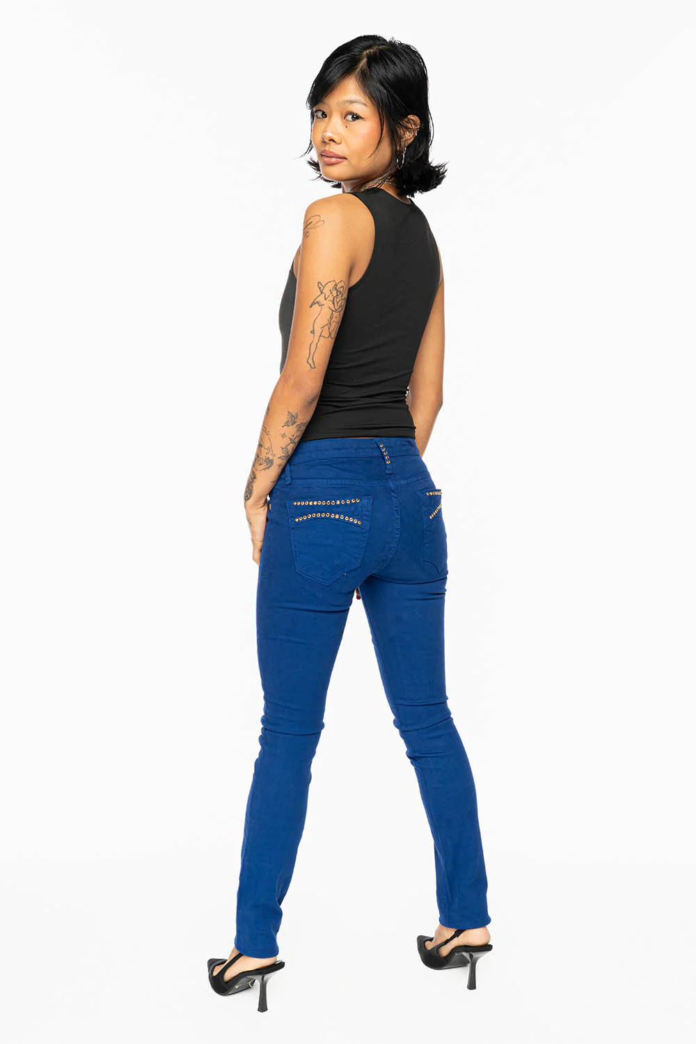 MARILYN LOW RISE WOMENS SKINNY JEANS IN  ROYAL BLUE WASH WITH AURUM CRYSTALS - Image 2