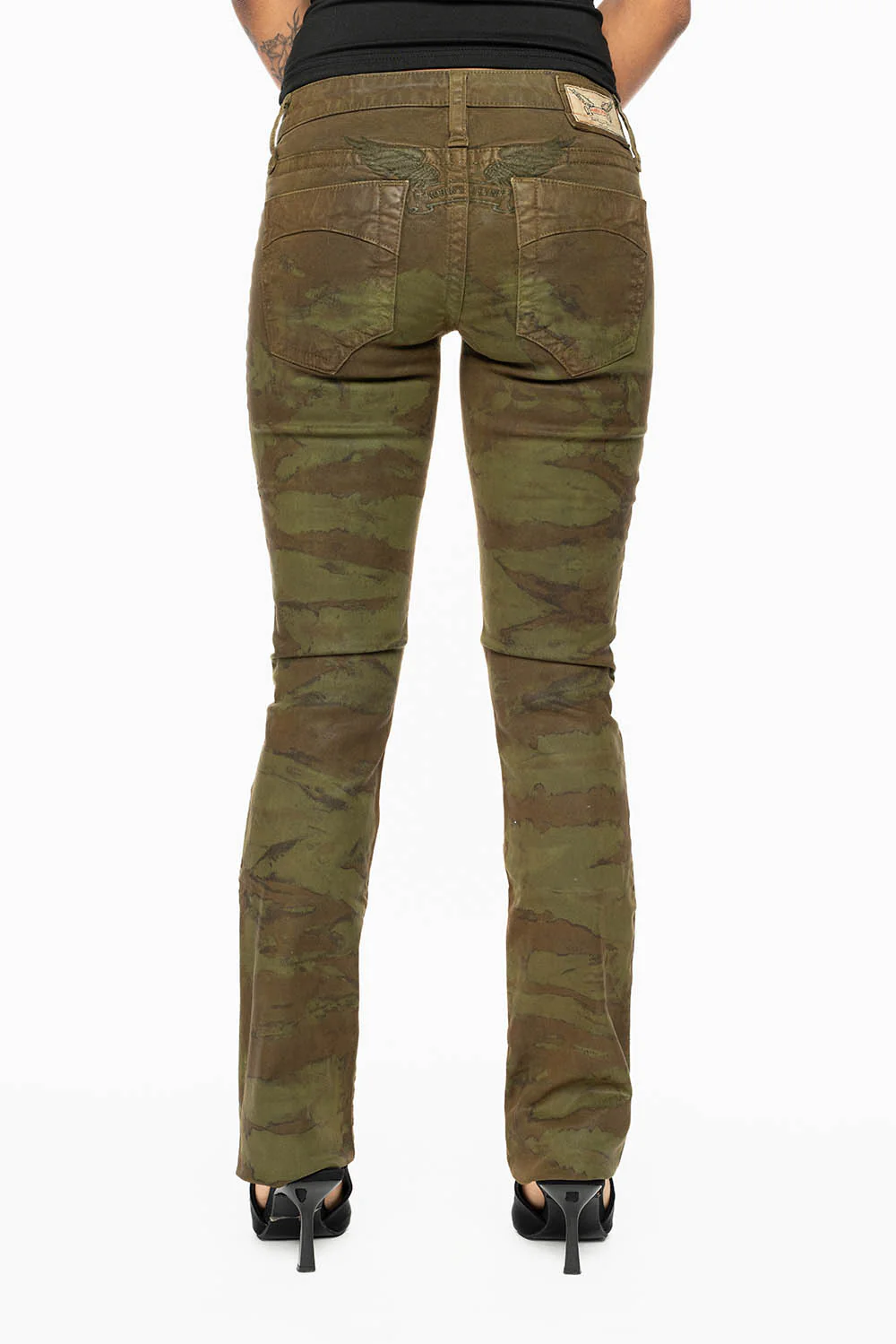 MARILYN LOW RISE WOMENS STRAIGHT LEG JEANS IN MUD GREEN  CAMO COATING - Image 2