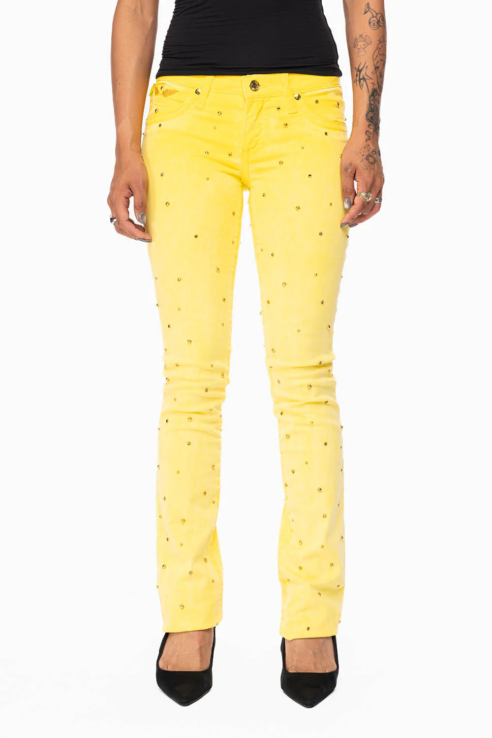 MARILYN LOW RISE WOMENS STRAIGHT LEG JEANS IN OIL YELLOW WITH GOLD WINGS EMBELLISHED WITH CRYSTALS & STUDS