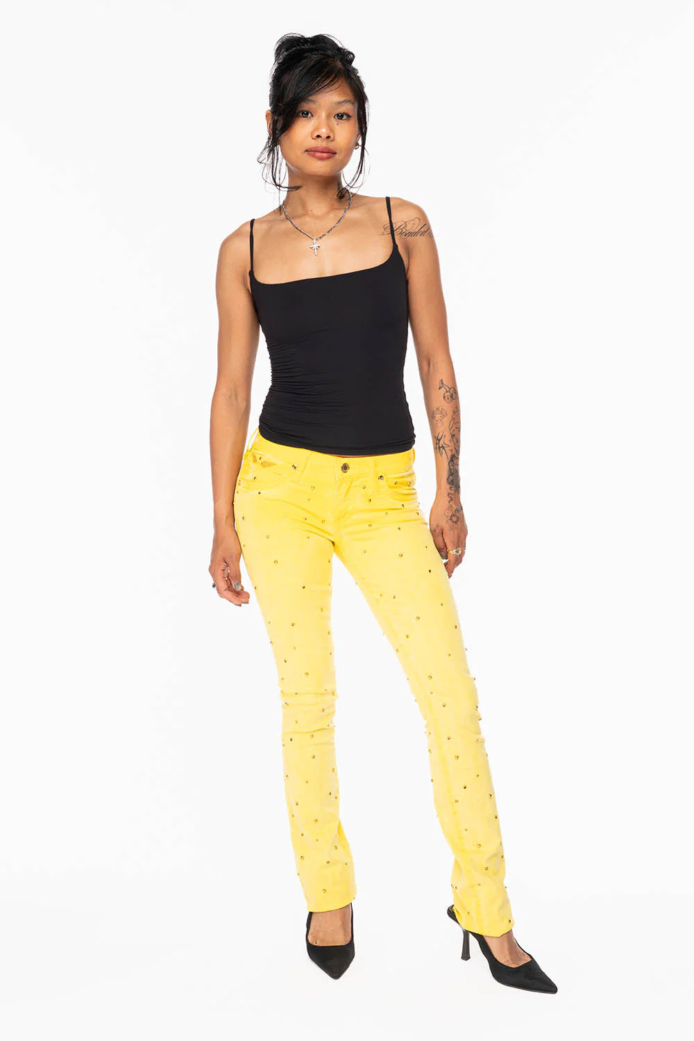 MARILYN LOW RISE WOMENS STRAIGHT LEG JEANS IN OIL YELLOW WITH GOLD WINGS EMBELLISHED WITH CRYSTALS & STUDS - Image 6