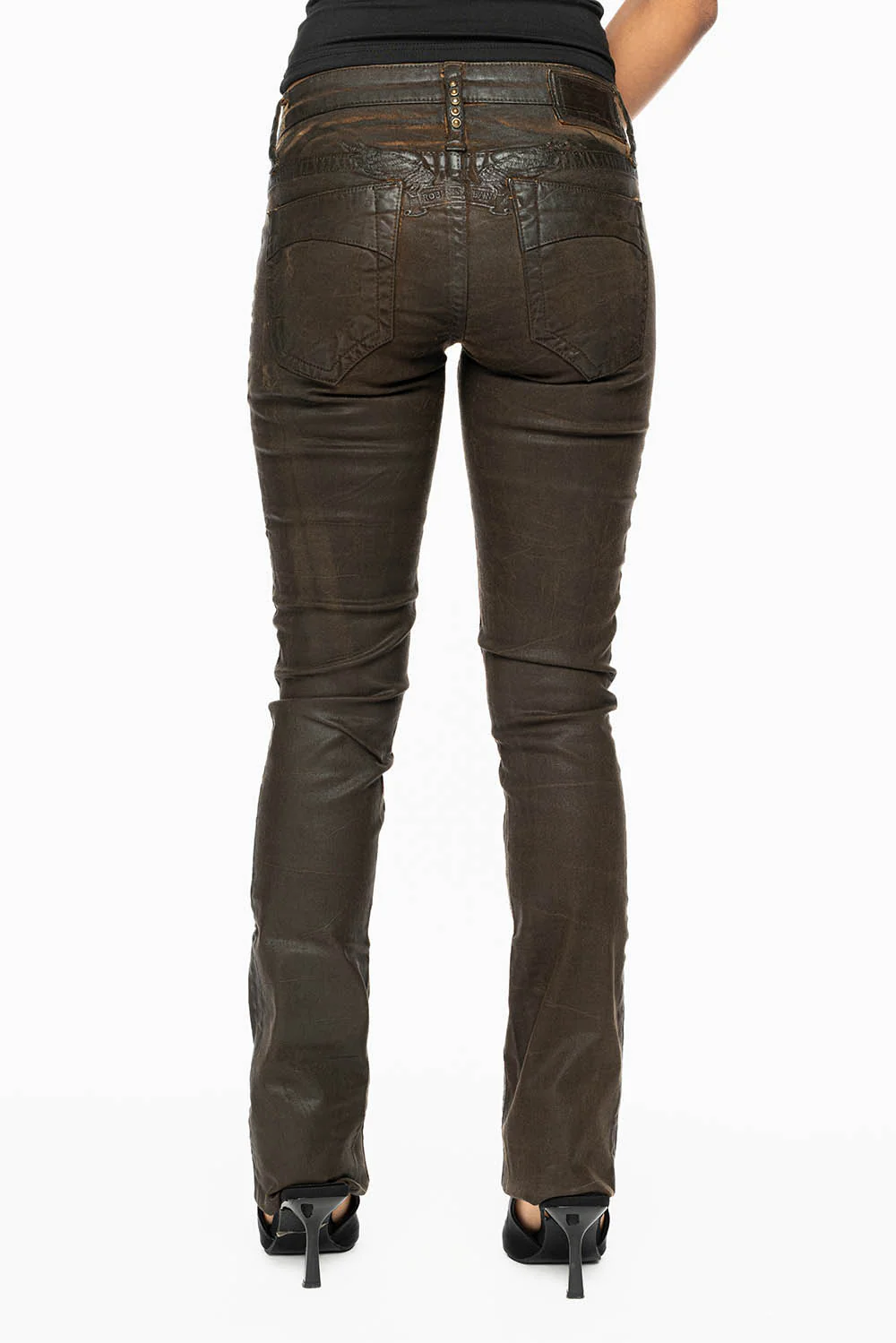 MARILYN LOW RISE WOMENS STRAIGHT LEG JEANS IN WAX CUIR BROWN - Image 4