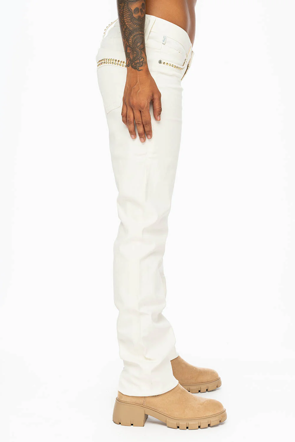 MARILYN LOW RISE WOMENS STRAIGHT LEG JEANS IN WHITE COATED WAX WITH AB CRYSTALS - Image 5
