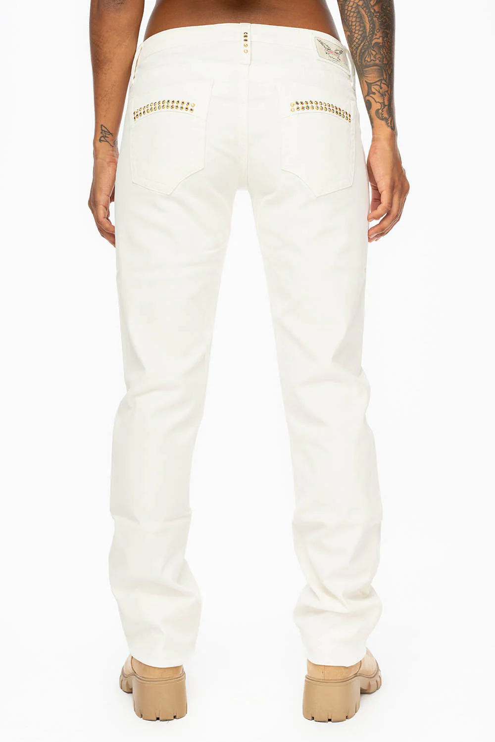 MARILYN LOW RISE WOMENS STRAIGHT LEG JEANS IN WHITE COATED WAX WITH AB CRYSTALS - Image 6