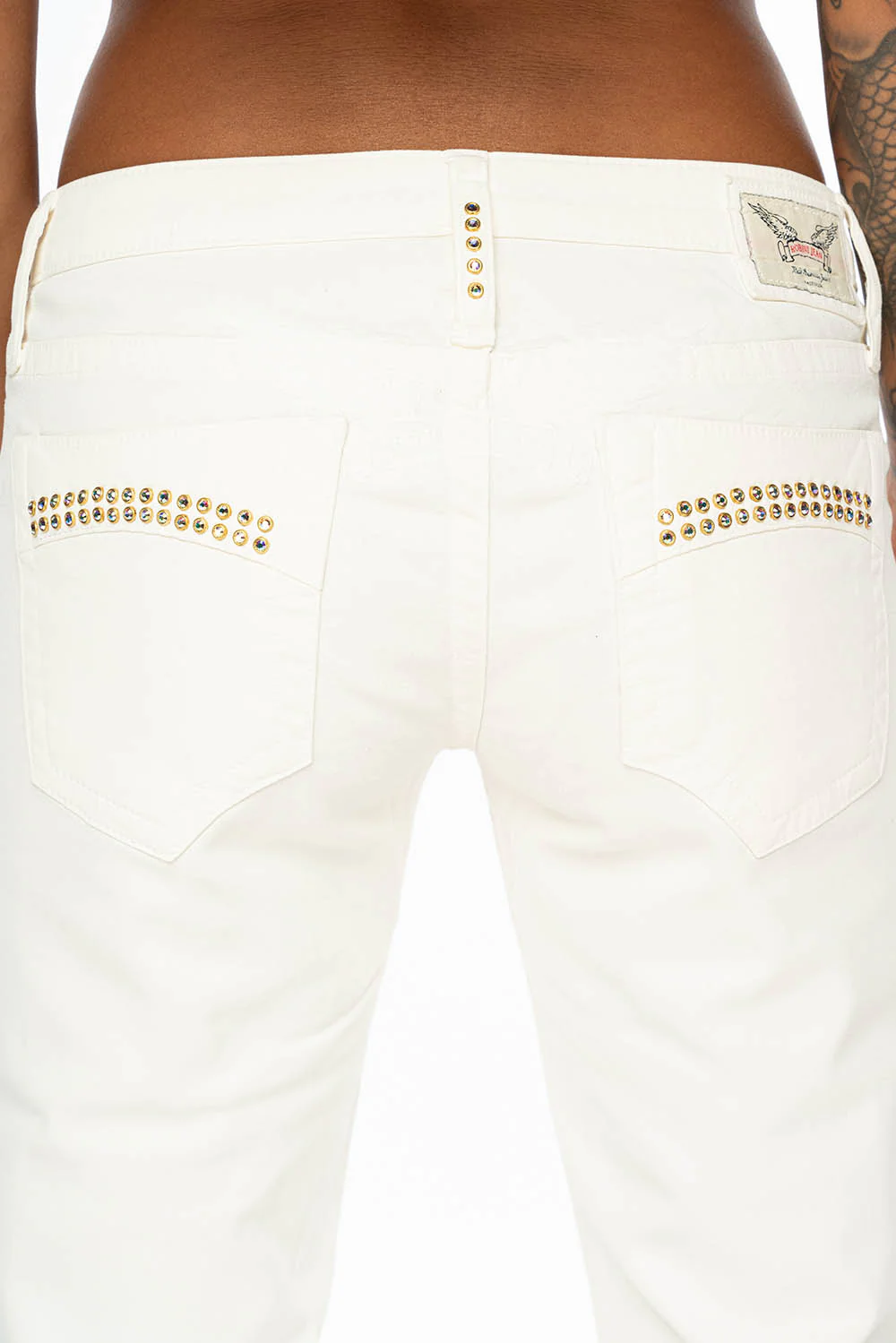 MARILYN LOW RISE WOMENS STRAIGHT LEG JEANS IN WHITE COATED WAX WITH AB CRYSTALS - Image 7