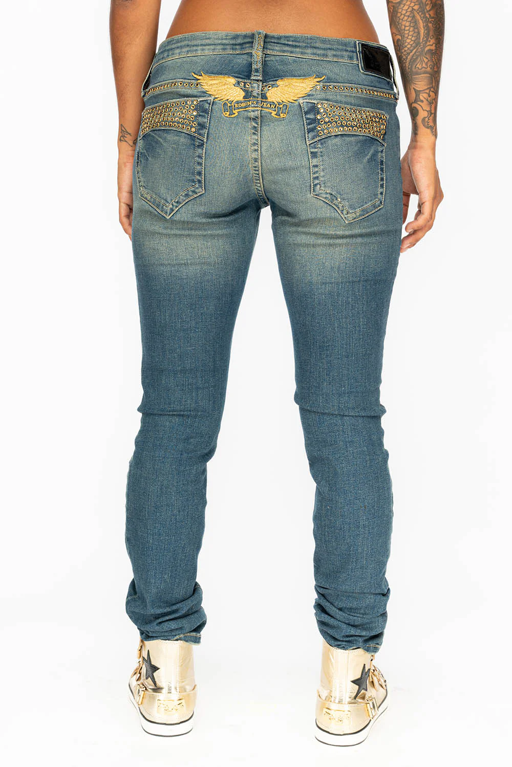 MARILYN WOMENS DISTRESSED STUDDED SKINNY  BLUE JEANS WITH  GOLD EMBELLISHMENT - Image 5