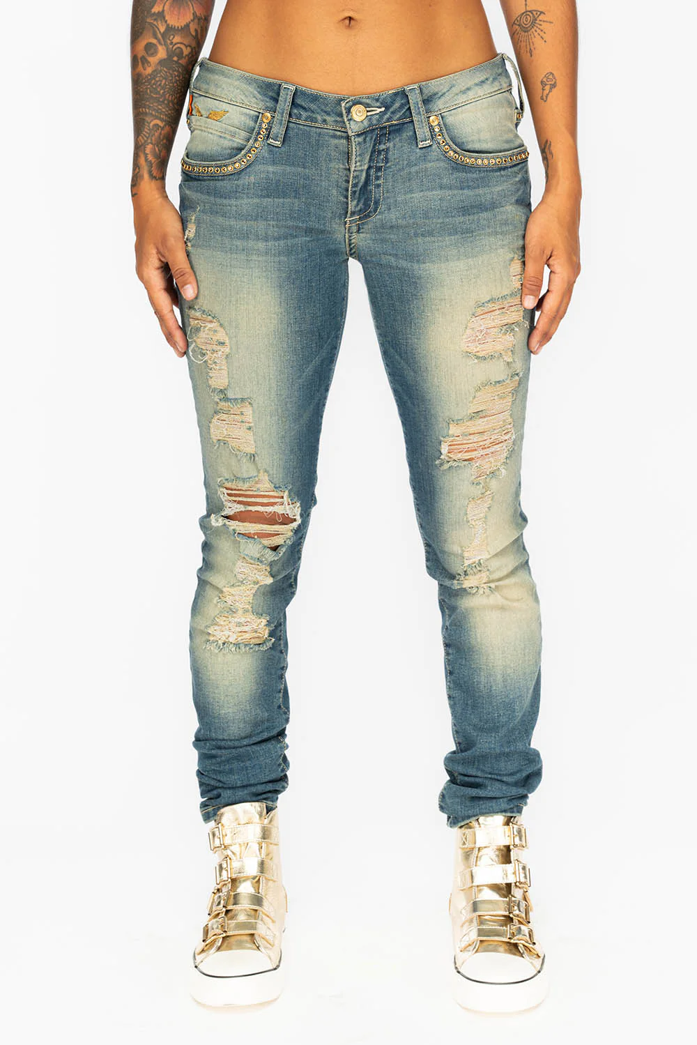 MARILYN WOMENS DISTRESSED STUDDED SKINNY  BLUE JEANS WITH  GOLD EMBELLISHMENT - Image 7