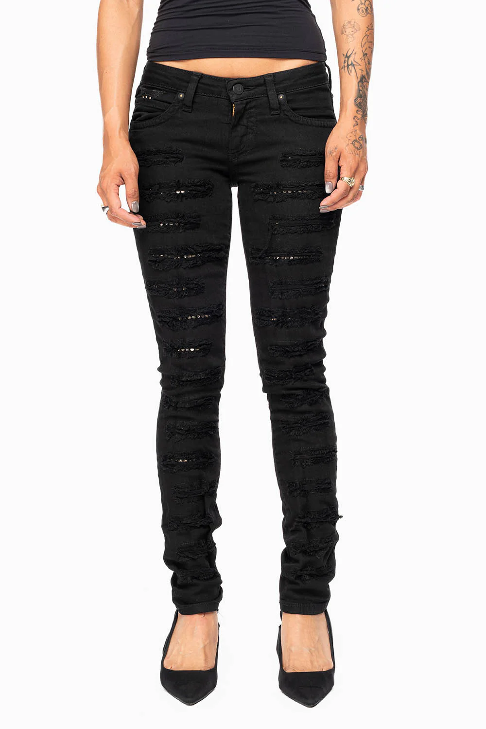 MARILYN WOMENS DISTRESSED & REPAIRED  SKINNY JEANS IN BLACK EMBELLISHED WITH STUDS &  CRYSTALS