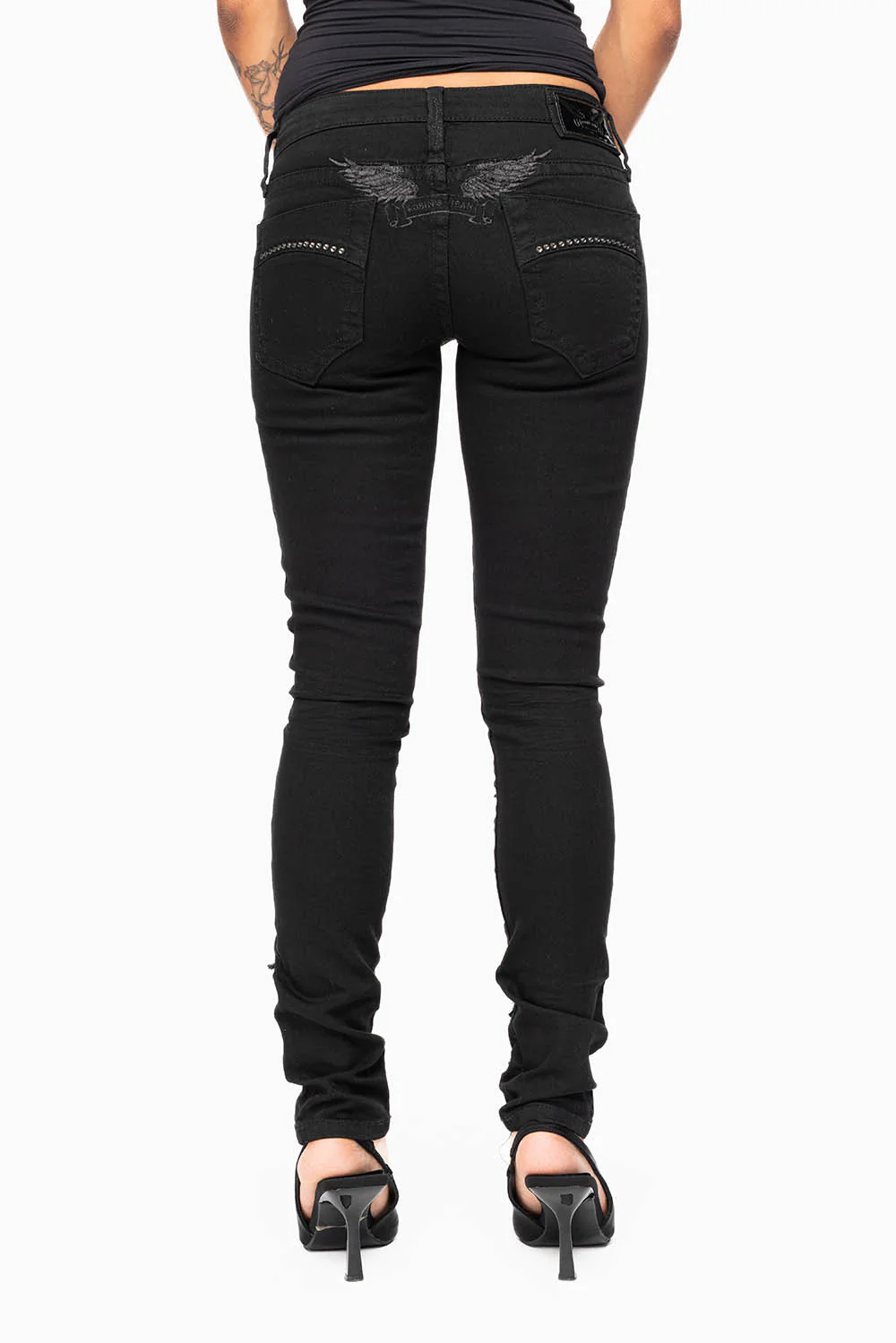 MARILYN WOMENS DISTRESSED & REPAIRED  SKINNY JEANS IN BLACK EMBELLISHED WITH STUDS &  CRYSTALS - Image 6