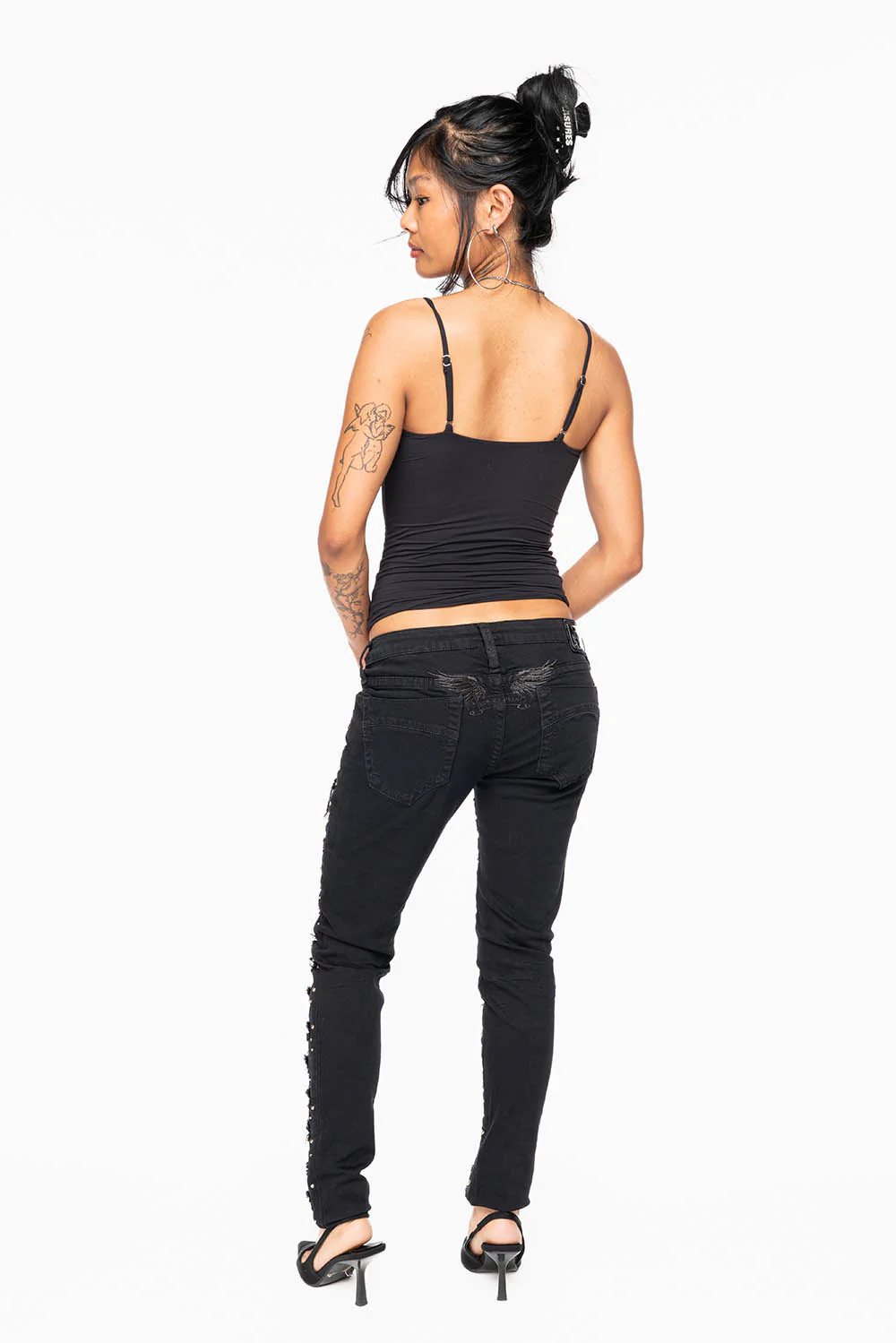 MARILYN WOMENS DISTRESSED & REPAIRED STUDDED SKINNY JEANS IN BLACK EMBELLISHED WITH STUDS & CRYSTALS - Image 8