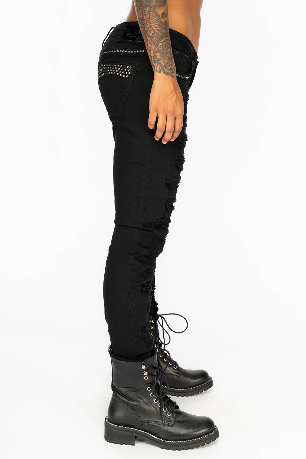 MARILYN WOMENS DISTRESSED & REPAIRED STUDDED SKINNY JEANS IN BLACK WITH BLACK WINGS AND CLEAR CRYSTALS - Image 2