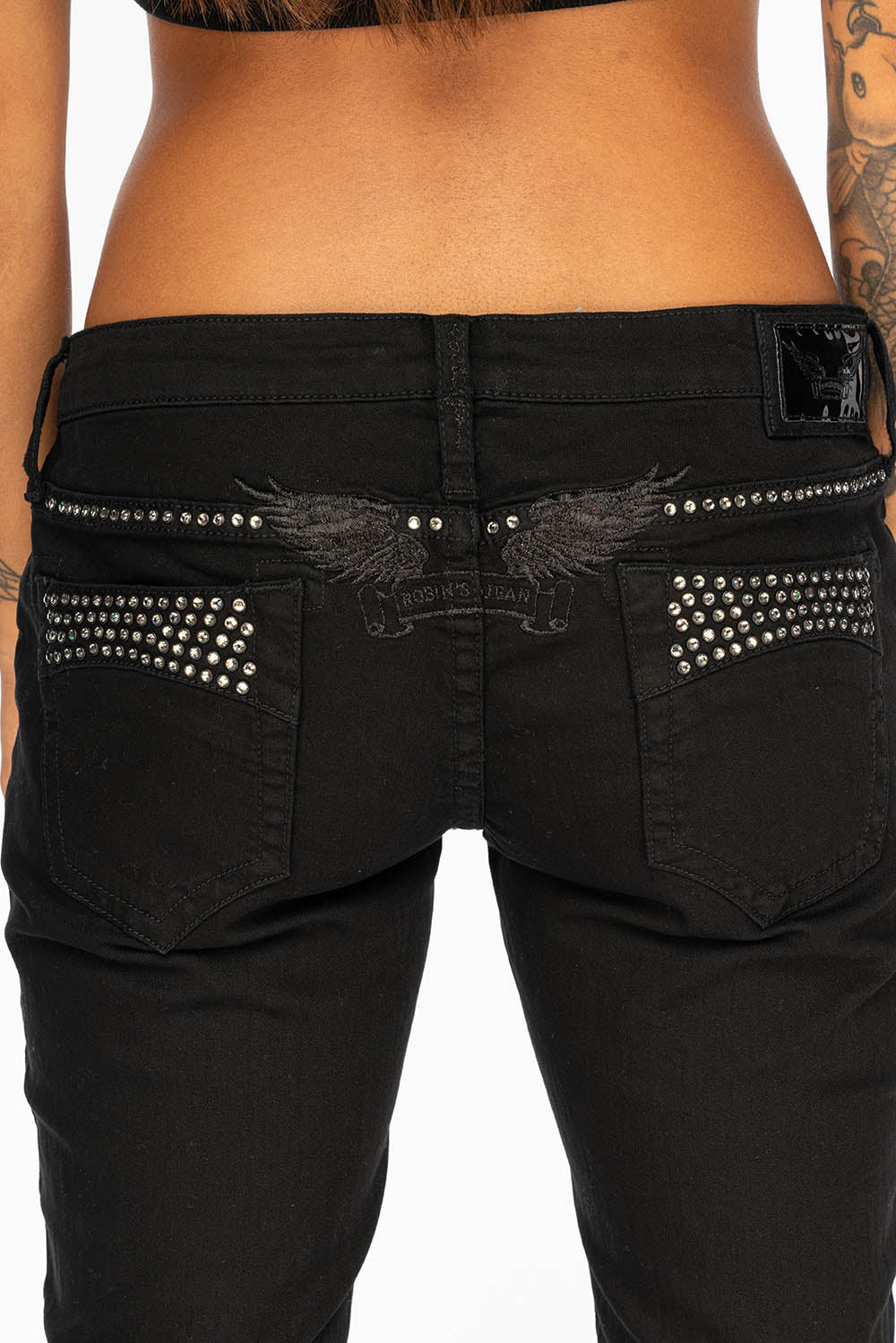 MARILYN WOMENS DISTRESSED & REPAIRED STUDDED SKINNY JEANS IN BLACK WITH BLACK WINGS AND CLEAR CRYSTALS - Image 3