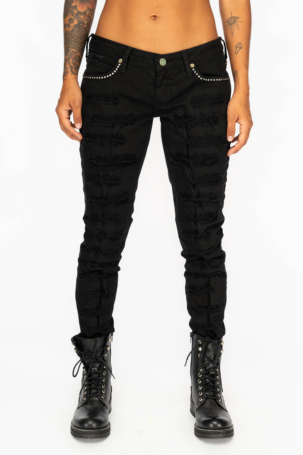 MARILYN WOMENS DISTRESSED & REPAIRED STUDDED SKINNY JEANS IN BLACK WITH BLACK WINGS AND CLEAR CRYSTALS - Image 4