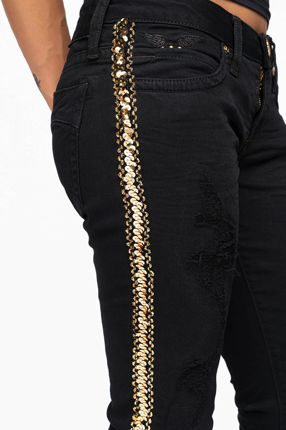 MARILYN WOMENS SKINNY JEAN  BROKEN REPAIRED PURE BLK  EMBELLISHED WITH GOLD  SEQUINS STRIPE - Image 2