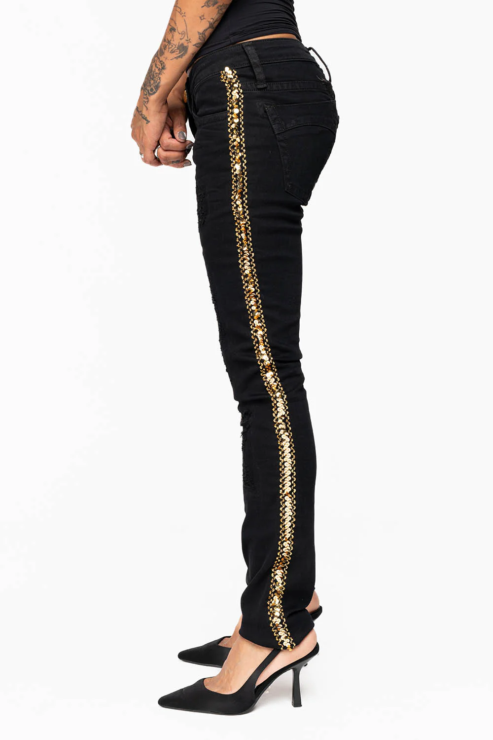 MARILYN WOMENS SKINNY JEAN  BROKEN REPAIRED PURE BLK  EMBELLISHED WITH GOLD  SEQUINS STRIPE - Image 3