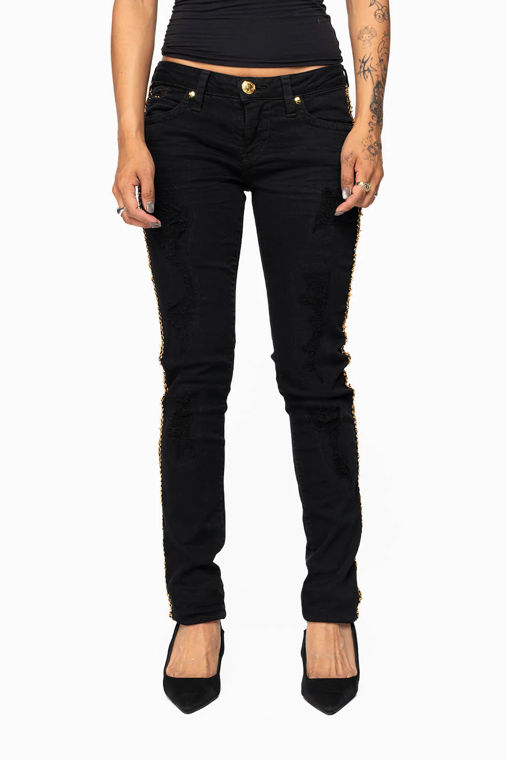 MARILYN WOMENS SKINNY JEAN  BROKEN REPAIRED PURE BLK  EMBELLISHED WITH GOLD  SEQUINS STRIPE - Image 4