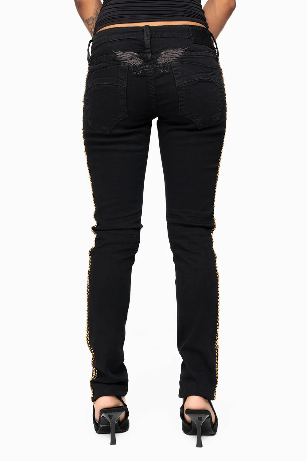 MARILYN WOMENS SKINNY JEAN  BROKEN REPAIRED PURE BLK  EMBELLISHED WITH GOLD  SEQUINS STRIPE - Image 5