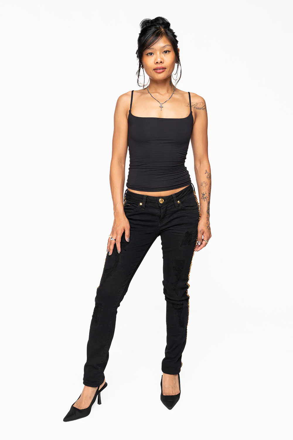 MARILYN WOMENS SKINNY JEAN  BROKEN REPAIRED PURE BLK  EMBELLISHED WITH GOLD  SEQUINS STRIPE - Image 6