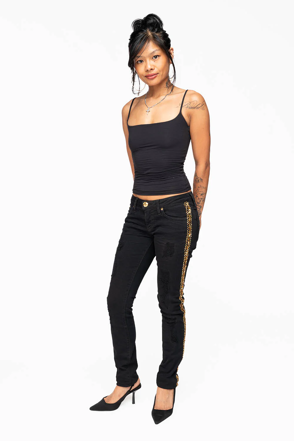MARILYN WOMENS SKINNY JEAN  BROKEN REPAIRED PURE BLK  EMBELLISHED WITH GOLD  SEQUINS STRIPE - Image 7