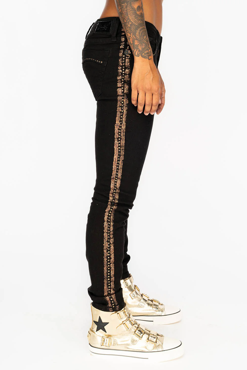 MARILYN WOMENS SKINNY JEANS IN BLACK WITH COPPER GLITTER TUXEDO STRIPE WITH SMOKEY TOPAZ CRYSTALS