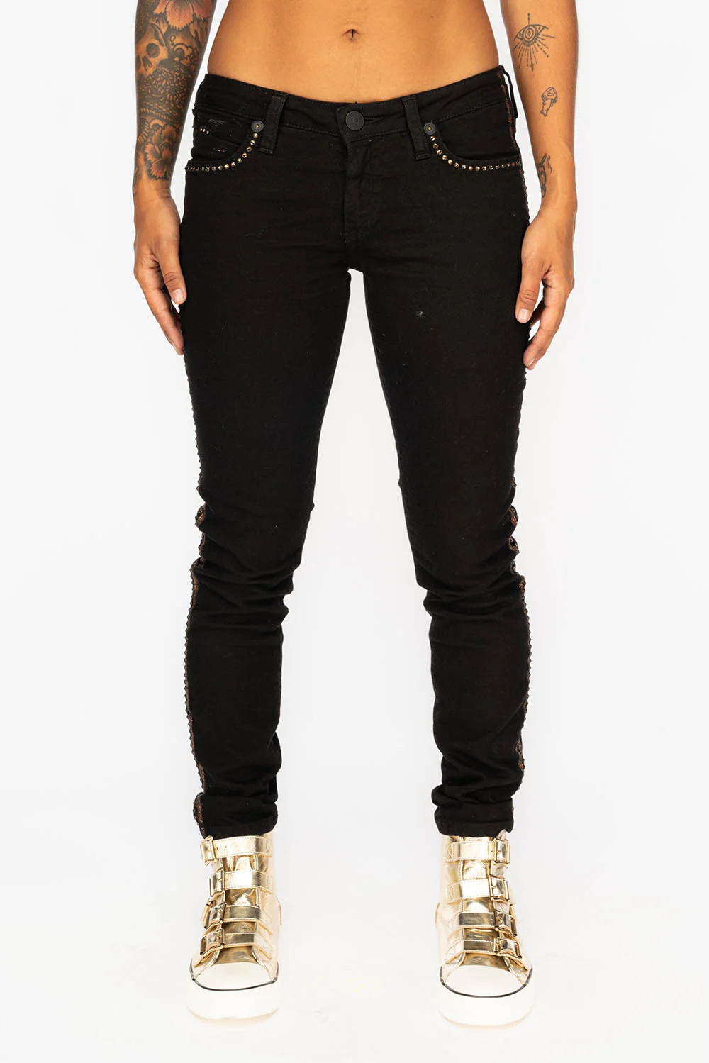 MARILYN WOMENS SKINNY JEANS IN BLACK WITH COPPER GLITTER TUXEDO STRIPE WITH SMOKEY TOPAZ CRYSTALS - Image 3