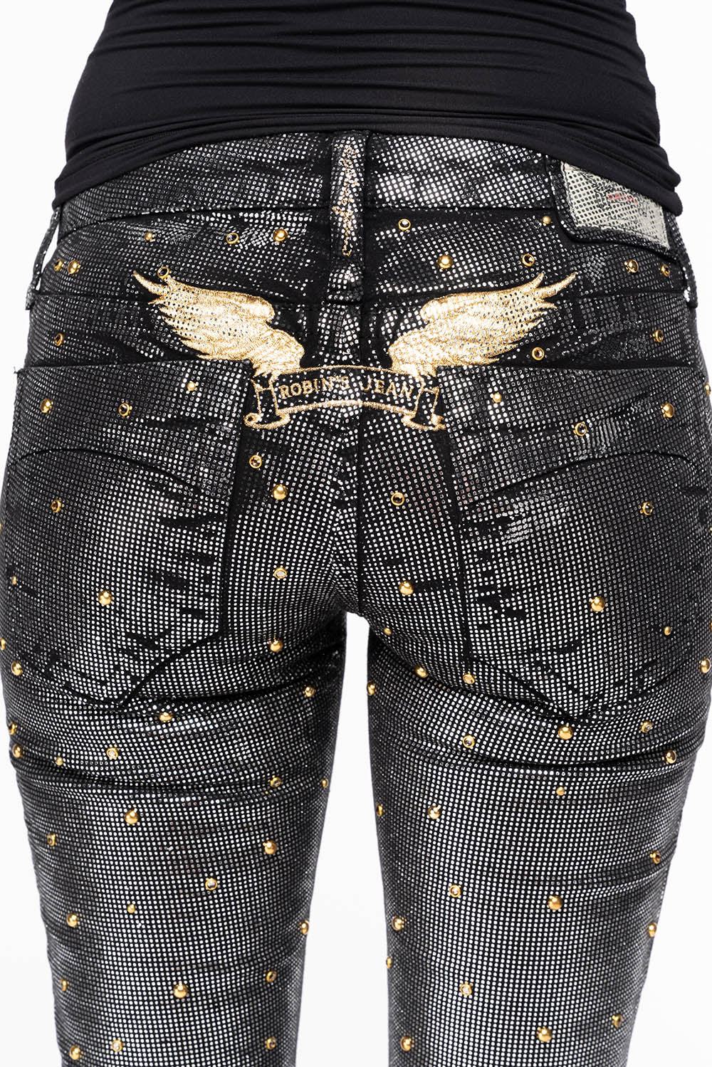MARILYN WOMENS SKINNY JEANS IN DISCO BLK COATING  WITH GOLD WINGS EMBELLISHED WITH CRYSTALS & STUDS - Image 3
