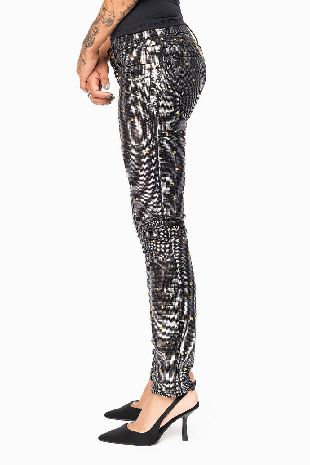 MARILYN WOMENS SKINNY JEANS IN DISCO BLK COATING  WITH GOLD WINGS EMBELLISHED WITH CRYSTALS & STUDS - Image 4