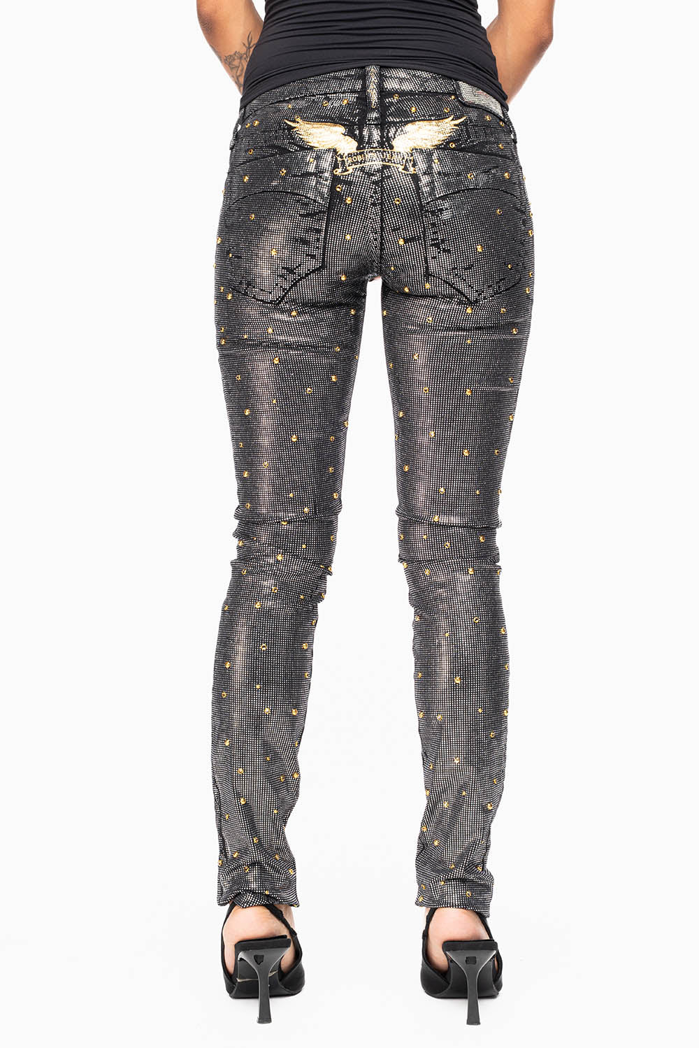 MARILYN WOMENS SKINNY JEANS IN DISCO BLK COATING  WITH GOLD WINGS EMBELLISHED WITH CRYSTALS & STUDS - Image 5