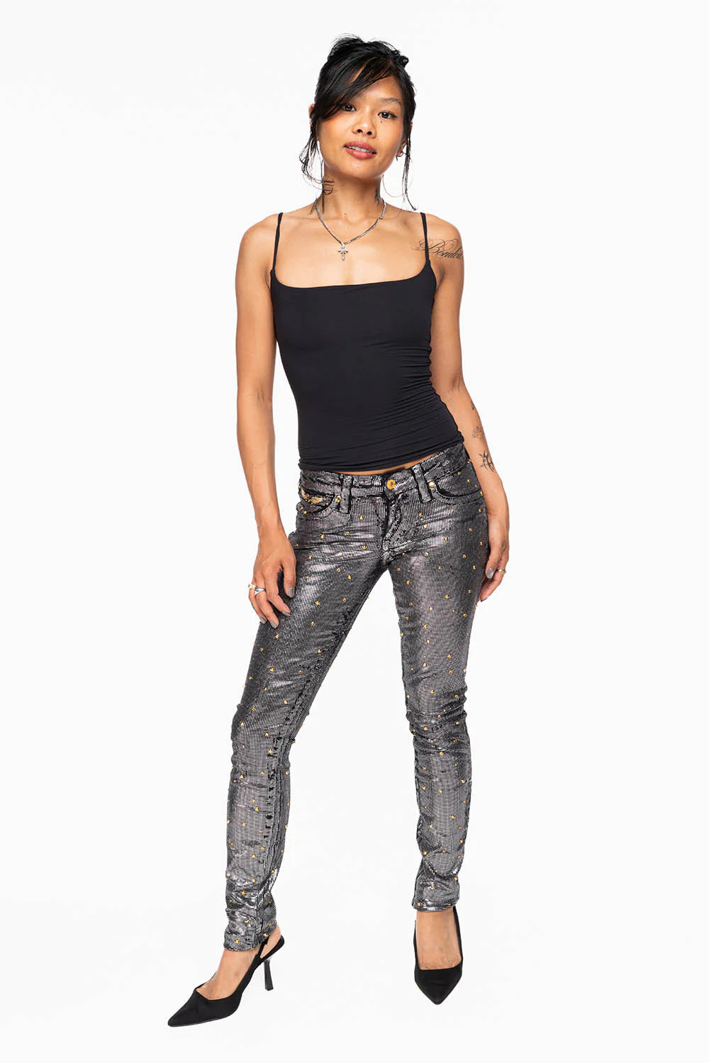 MARILYN WOMENS SKINNY JEANS IN DISCO BLK COATING  WITH GOLD WINGS EMBELLISHED WITH CRYSTALS & STUDS - Image 7