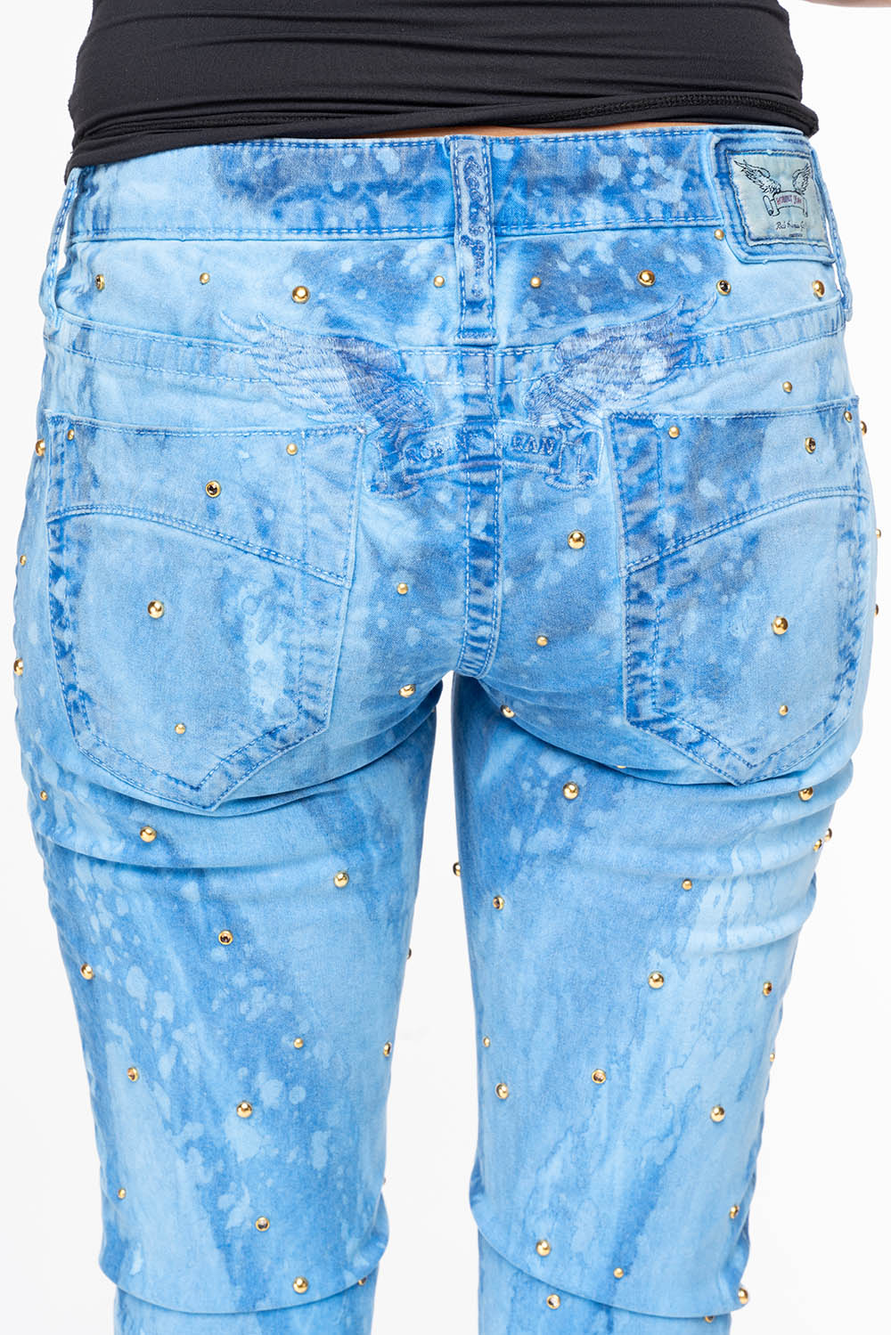 MARILYN WOMENS SKINNY JEANS IN GALAXY BLUE  WITH TONAL WINGS EMBELLISHED WITH CRYSTALS & STUDS - Image 3