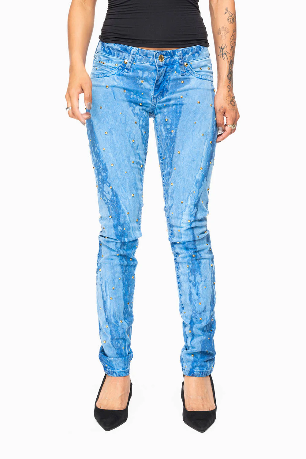MARILYN WOMENS SKINNY JEANS IN GALAXY BLUE  WITH TONAL WINGS EMBELLISHED WITH CRYSTALS & STUDS - Image 4