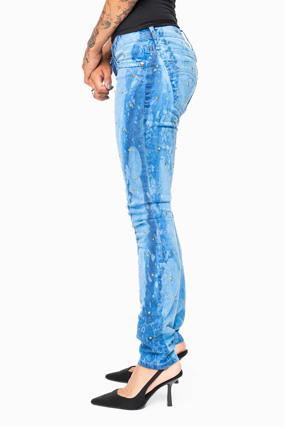 MARILYN WOMENS SKINNY JEANS IN GALAXY BLUE  WITH TONAL WINGS EMBELLISHED WITH CRYSTALS & STUDS - Image 5