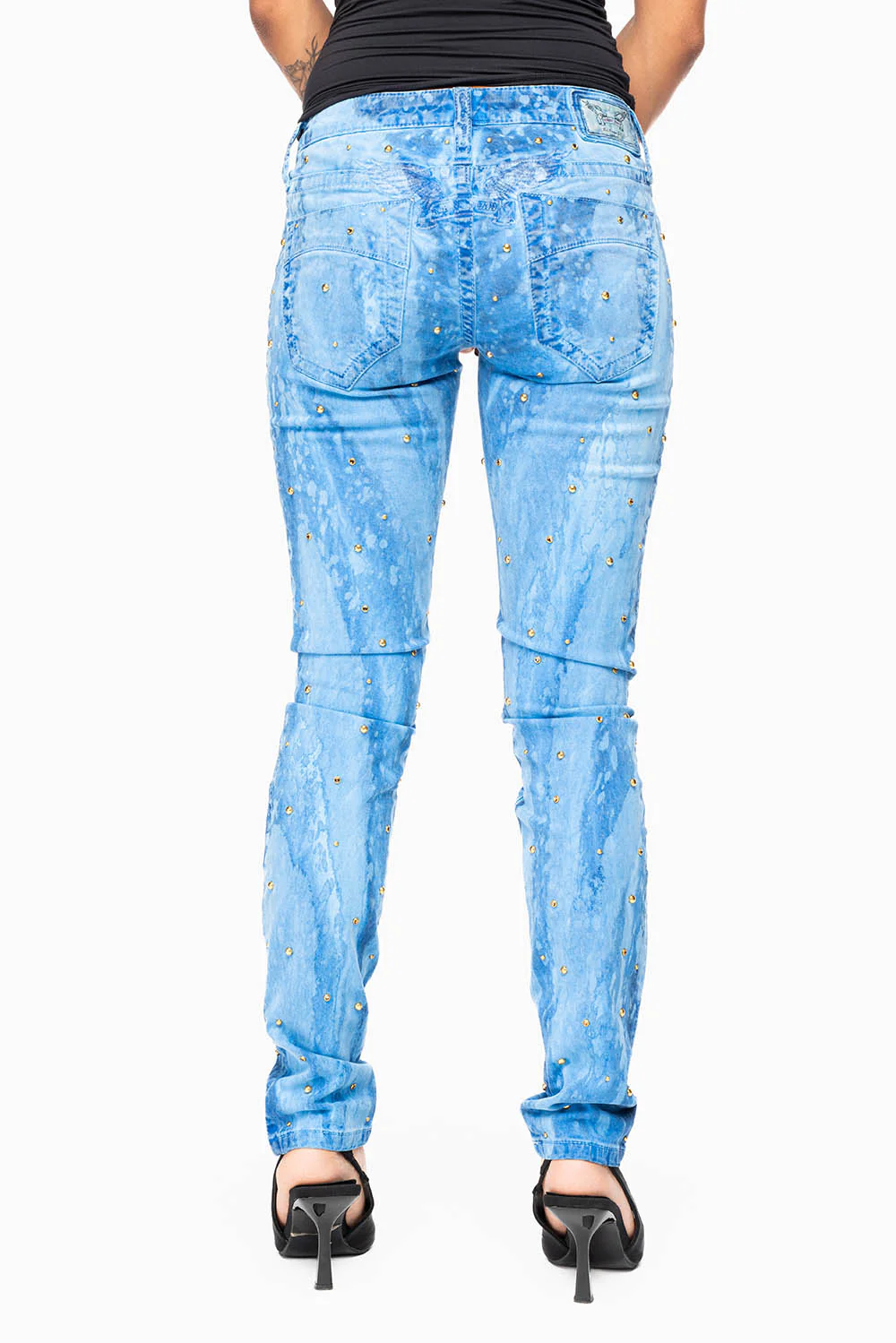 MARILYN WOMENS SKINNY JEANS IN GALAXY BLUE  WITH TONAL WINGS EMBELLISHED WITH CRYSTALS & STUDS - Image 6