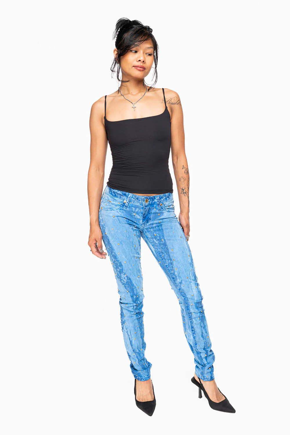 MARILYN WOMENS SKINNY JEANS IN GALAXY BLUE  WITH TONAL WINGS EMBELLISHED WITH CRYSTALS & STUDS - Image 7