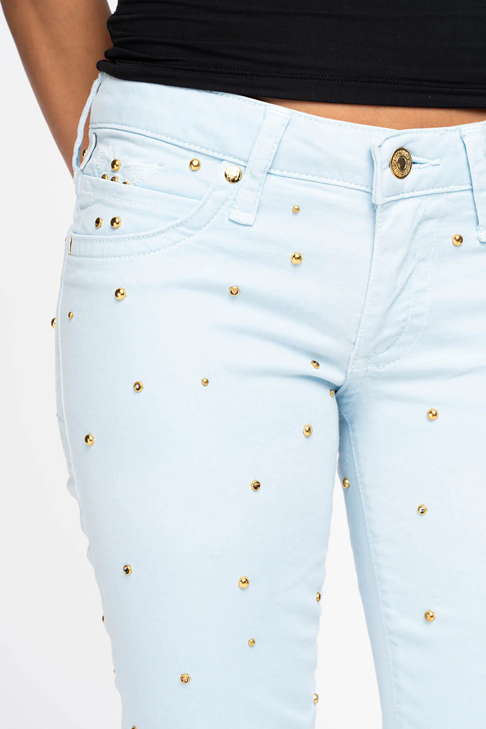 MARILYN WOMENS SKINNY JEANS IN PASTEL BLUE   WITH TONAL WINGS EMBELLISHED WITH CRYSTALS & STUDS - Image 2