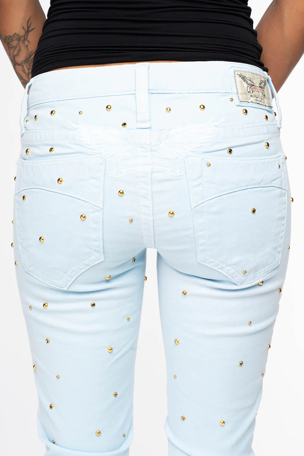 MARILYN WOMENS SKINNY JEANS IN PASTEL BLUE   WITH TONAL WINGS EMBELLISHED WITH CRYSTALS & STUDS - Image 3