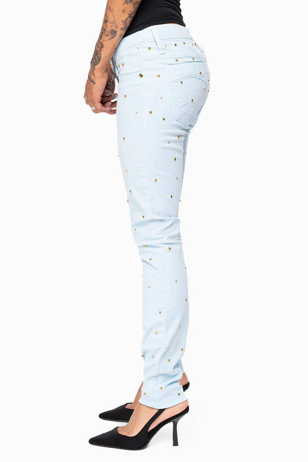MARILYN WOMENS SKINNY JEANS IN PASTEL BLUE   WITH TONAL WINGS EMBELLISHED WITH CRYSTALS & STUDS - Image 4