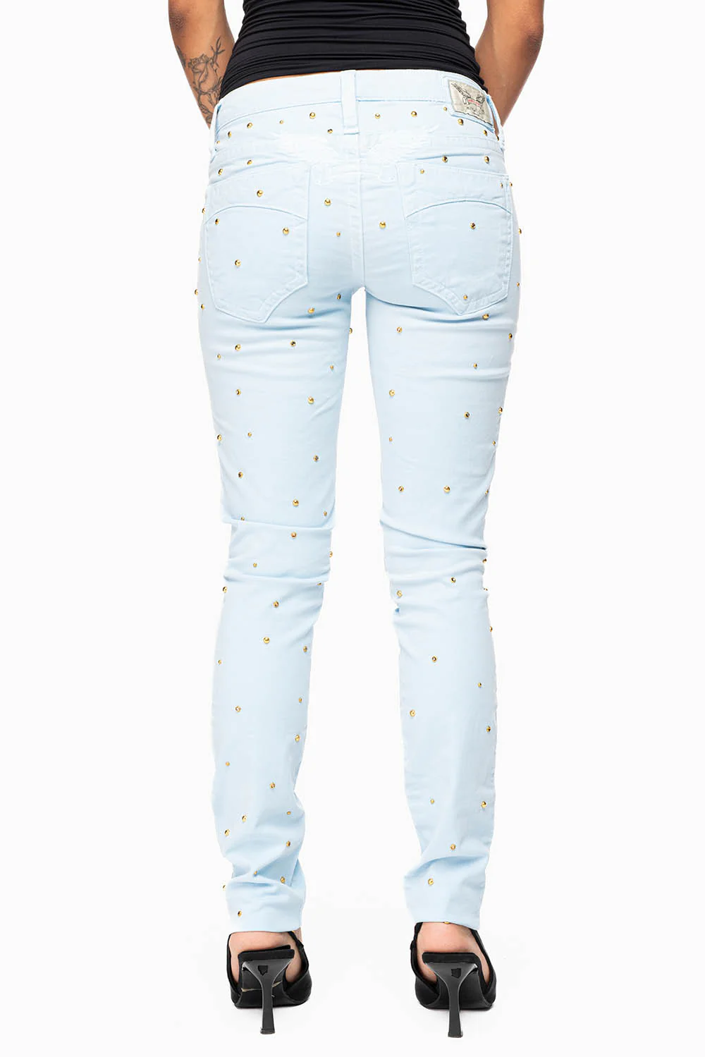 MARILYN WOMENS SKINNY JEANS IN PASTEL BLUE   WITH TONAL WINGS EMBELLISHED WITH CRYSTALS & STUDS - Image 5