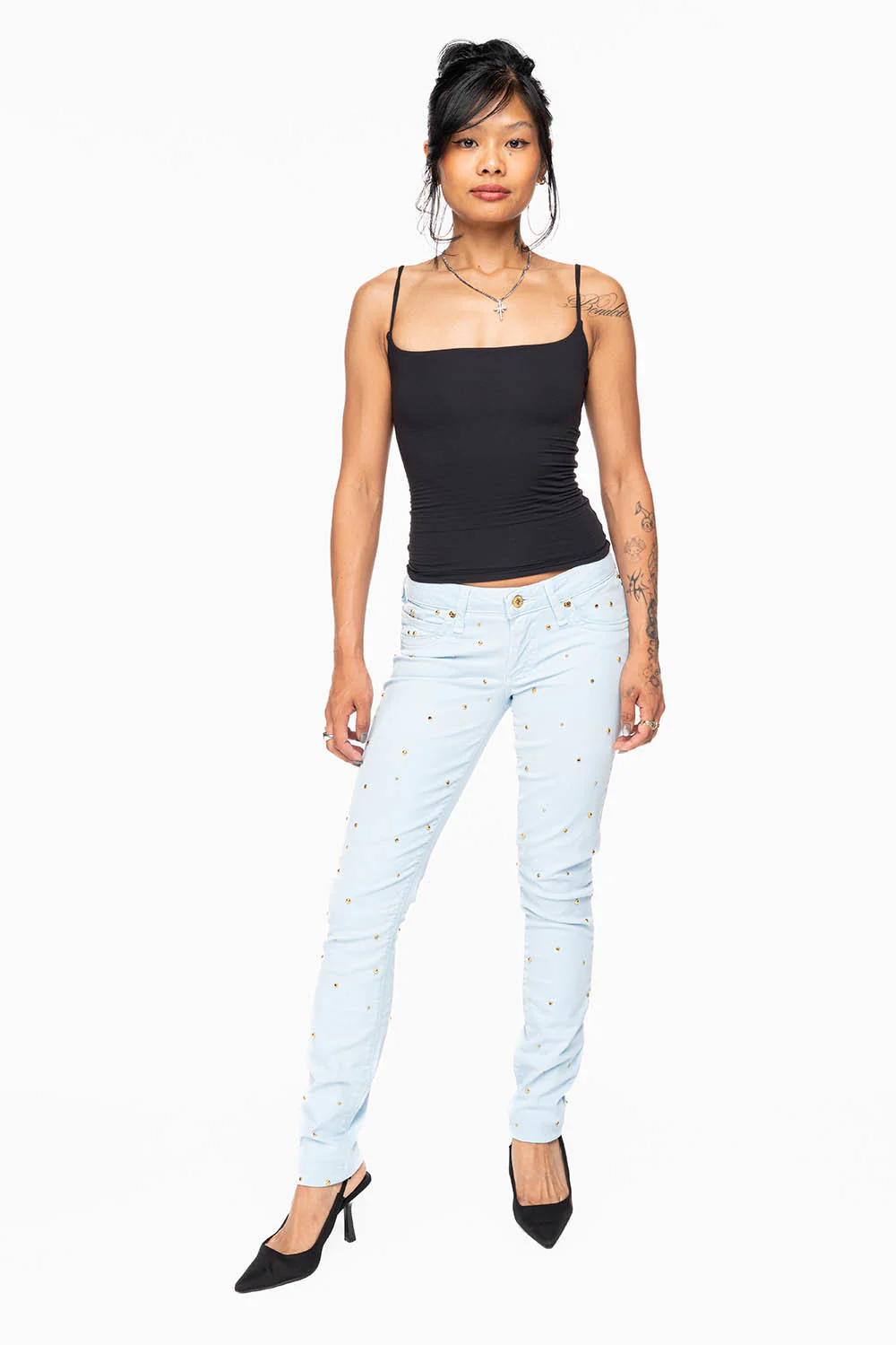 MARILYN WOMENS SKINNY JEANS IN PASTEL BLUE   WITH TONAL WINGS EMBELLISHED WITH CRYSTALS & STUDS - Image 6