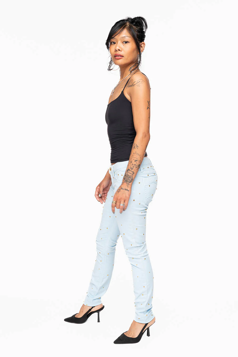 MARILYN WOMENS SKINNY JEANS IN PASTEL BLUE   WITH TONAL WINGS EMBELLISHED WITH CRYSTALS & STUDS - Image 7
