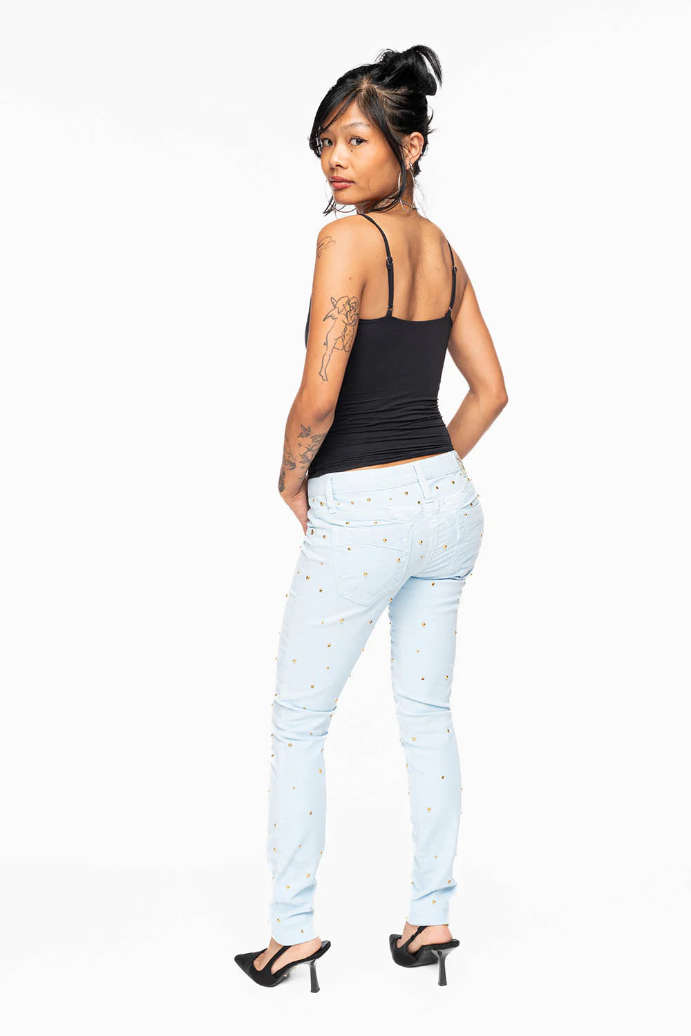 MARILYN WOMENS SKINNY JEANS IN PASTEL BLUE   WITH TONAL WINGS EMBELLISHED WITH CRYSTALS & STUDS - Image 8