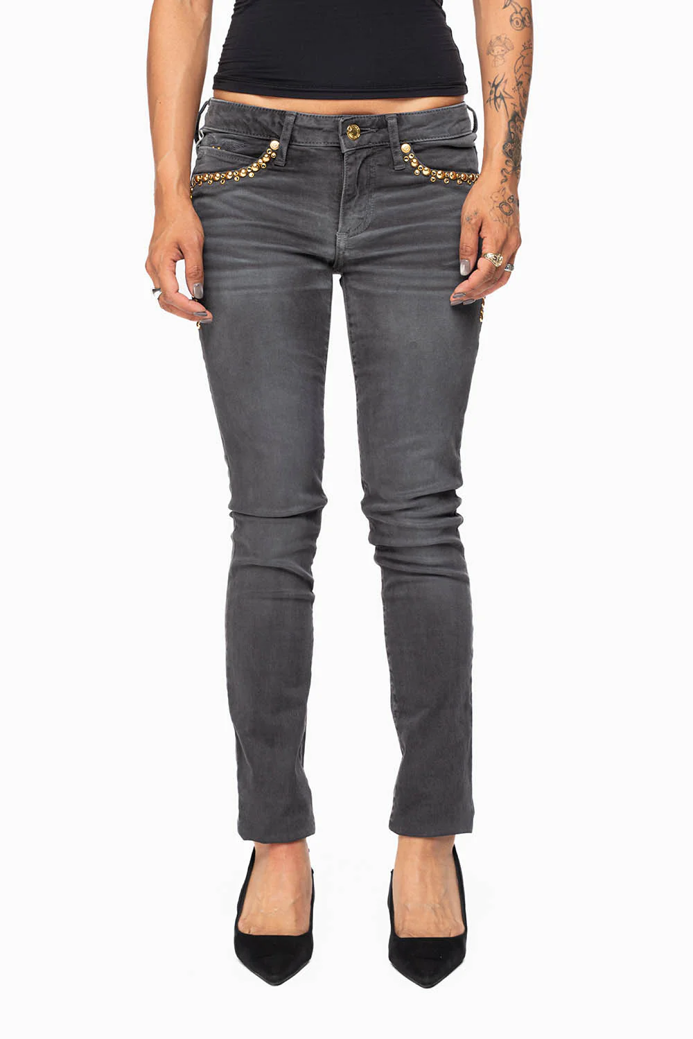 MARILYN WOMENS SKINNY JEANS IN PIGMENT SPRAY CHARCOAL WITH GOLD WINGS EMBELLISHED WITH CRYSTALS & STUDS - Image 4
