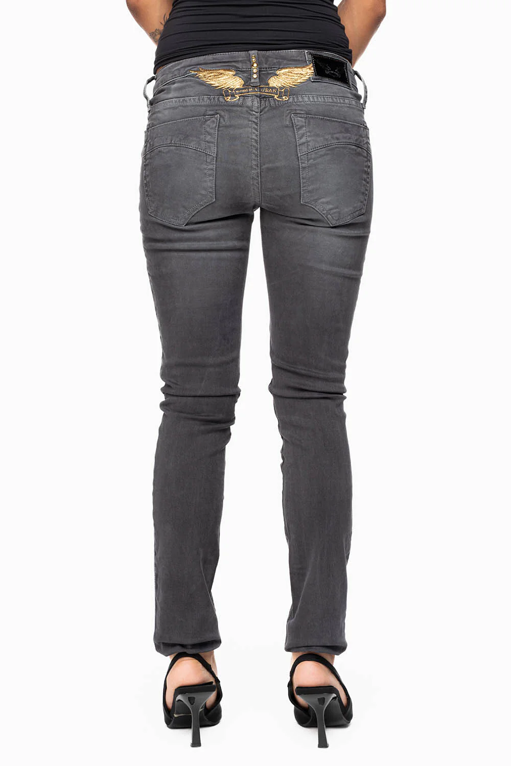 MARILYN WOMENS SKINNY JEANS IN PIGMENT SPRAY CHARCOAL WITH GOLD WINGS EMBELLISHED WITH CRYSTALS & STUDS - Image 5