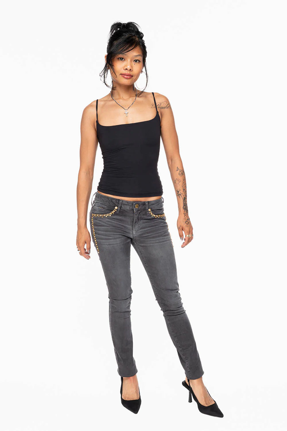 MARILYN WOMENS SKINNY JEANS IN PIGMENT SPRAY CHARCOAL WITH GOLD WINGS EMBELLISHED WITH CRYSTALS & STUDS - Image 6