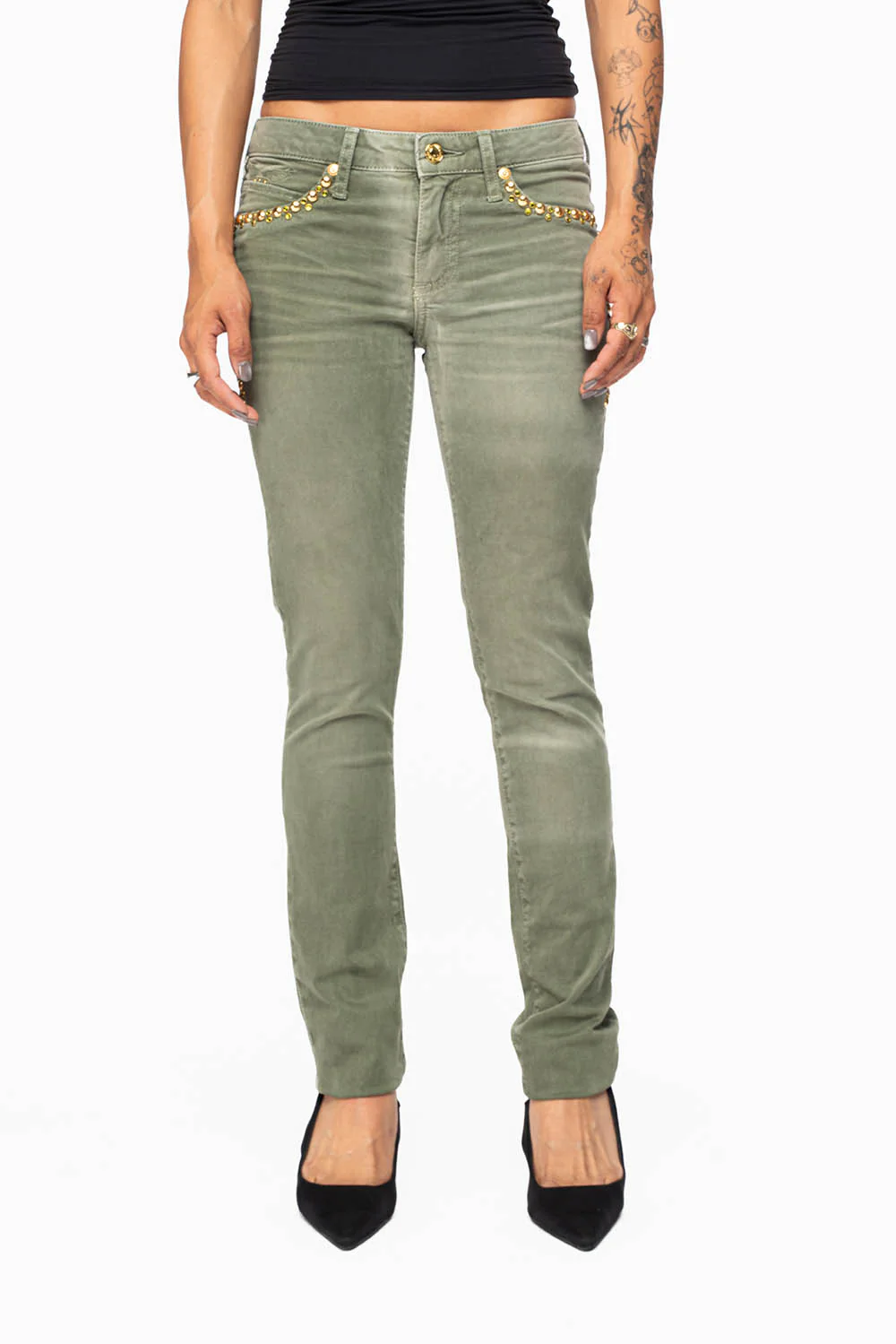 MARILYN WOMENS SKINNY JEANS IN PIGMENT SPRAY GREEN ARMY WITH GOLD WINGS EMBELLISHED WITH CRYSTALS & STUDS - Image 5